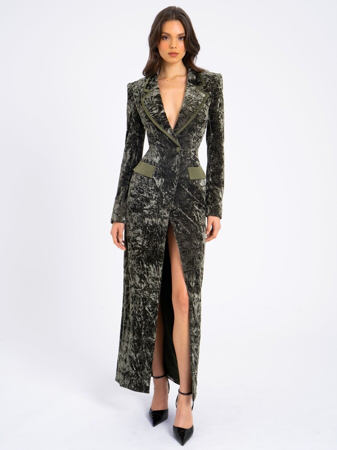Miss Circle Willow Green Glossy Velvet High Slit Blazer Gown