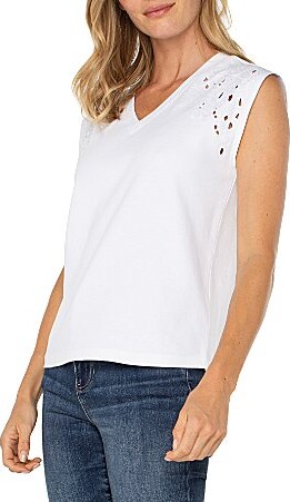 Liverpool Los Angeles Stretch Knit V-Neck Dolman Sleeve Embroidered Top
