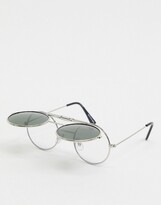 Thumbnail for your product : Spitfire Lennon round flip up glasses in silver with green lens