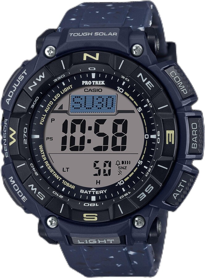 Casio Pro Trek TougCasio PRG-340 Series | Men’s Digital Watch | Blue | Tough Solar | 100M WR | Digital Compass | Altimeter | Barometer | Thermometer | World Time | Timer | Auto Calendar | Multi Alarms | LED Backlighth Solar Environmentally Friendly Bio-Based Resin Digital Watch PRG-340-SC-2CR