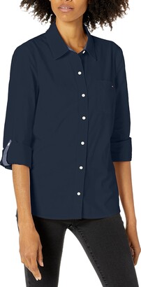 Tommy Hilfiger Women's Classic Long Sleeve Roll Tab Button Down Shirt  (Standard and Plus Size) - ShopStyle