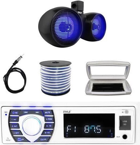 Pyle PLRMR23BTW Single-DIN Bluetooth Marine USB/AUX MP3/SD AM/FM Radio Stereo Receiver W/White Cover, Dual 8' 300W Max Power Full Range Wakeboard...