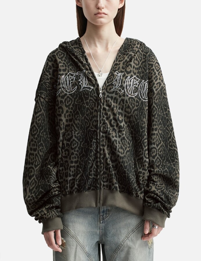 YEEL Studded Zip-up Hoodie Oversized Leopard