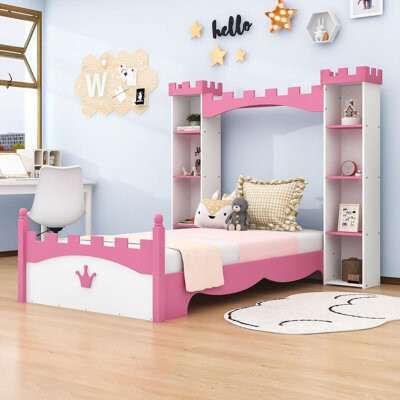 Zoomie Kids Twin Castle Shape Wooden Bed with Shelves