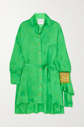 Halpern Asymmetric Embellished Polka-dot Satin-jacquard Mini Shirt Dress - Green - FR36