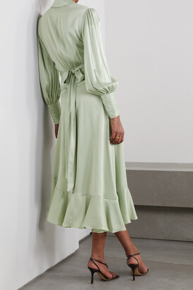 【ZIMMERMANN】asymmetric ruffled silk-satin wrap ドレス Zimmermann Blue Asymmetric Ruffled Silk Satin Midi Wrap