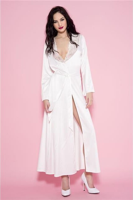 Music Legs 53013-WHITE Long Satin Gown with Lace Trim, White
