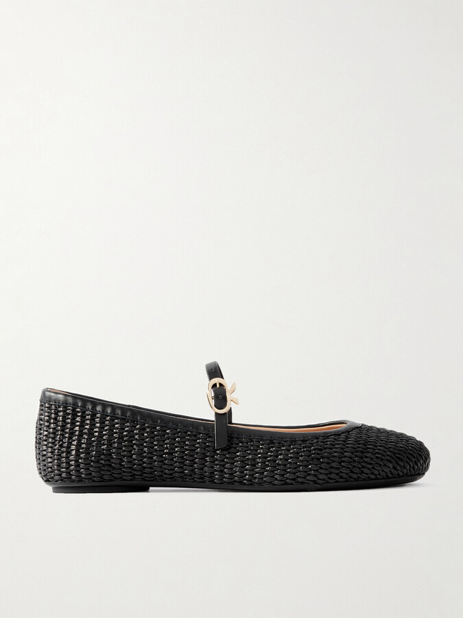 Gianvito Rossi Carla Marbella Leather-trimmed Raffia Mary Jane Flats - Black