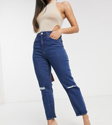 Thumbnail for your product : ASOS DESIGN Petite Farleigh high waisted slim mom jeans with rips in French workwear blue wash