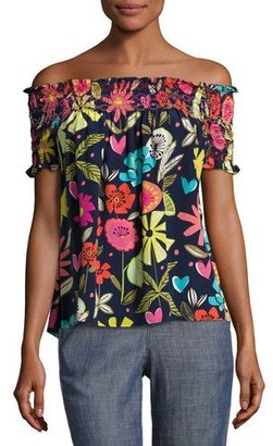 Trina Turk Relax Off-the-Shoulder Floral Silk Top, Blue