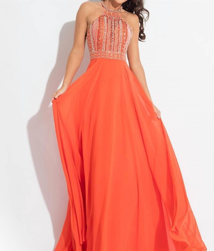 RACHEL ALLAN Open Back Beaded Chiffon Gown In Tangerine