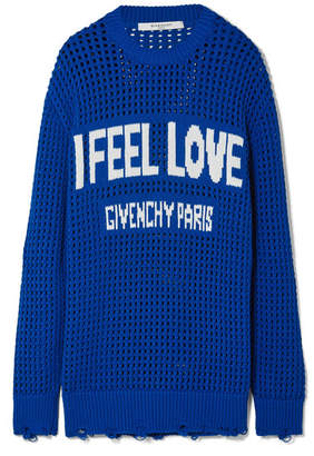 Givenchy Oversized Distressed Intarsia Crocheted Cotton Sweater - Bright blue