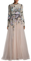 Thumbnail for your product : Elie Saab Floral-Embroidered Long-Sleeve Gown, Blush/Multi