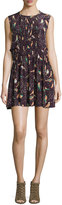 Thumbnail for your product : See by Chloe Pleated Bird-Print Sleeveless Dress, Plum