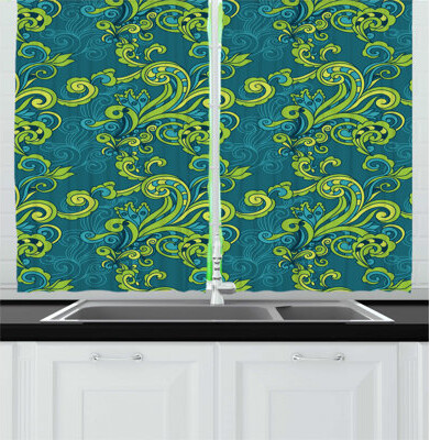 2 Piece Floral Vintage Style Abstract Ornamental Flower Leaves and Branches Art Print Kitchen Curtain Set
