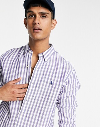 Polo Ralph Lauren linen player logo block stripe shirt button down custom  regular fit in blue/white - ShopStyle