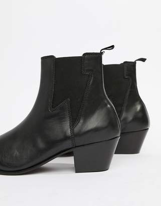 ASOS Design Cuban Heel Western Boots In Black Leather With Lightening Detail