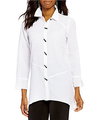Multiples Button Front Bubble Check 3/4 Sleeve Print Shirt