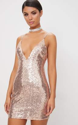 PrettyLittleThing Rose Gold Chain Strap Sequin Plunge Bodycon Dress