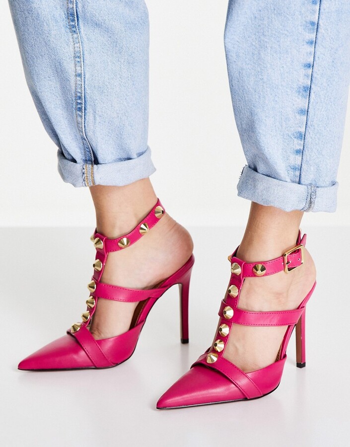 Arc-en-Ciel007 Womens Shoes Studded Stiletto Heel T-Strap Pointed Toe Sandals-PinkSuede-Us16