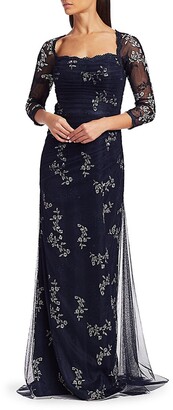 Teri Jon by Rickie Freeman Mesh Long-Sleeve Embroidered Floral Gown