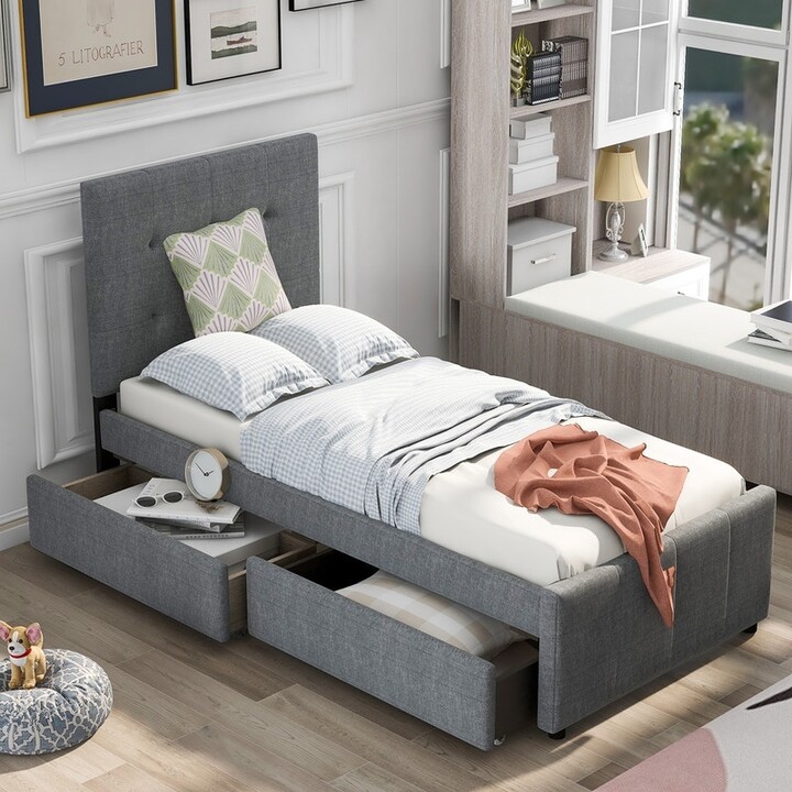 NOVABASA Twin Size Linen Upholstered Platform Bed Frame with Storage
