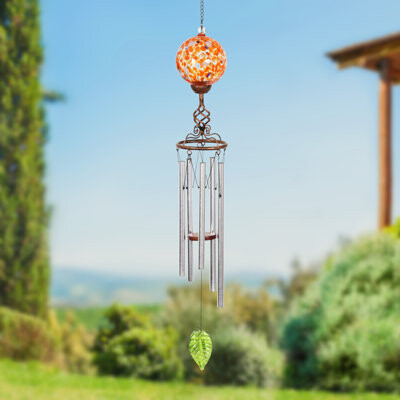 Exhart Solar Metal Wire and Glass Wind Chime with Looping Pattern and Nine  LED Fairy String Lights