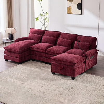 106" U Shape Sectional Cloud Couch For Living Room, 4 Seat Chenille U-Shaped Sleeper With Chaise Lounge, & Pillows, Soft Breathable Fabric, Solid Wood