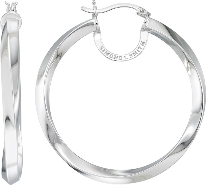 Simone I. Smith for Walmart Simone I. Smith Sterling Silver Platinum Tone High Polished Slow Twist Round Hoop Earrings