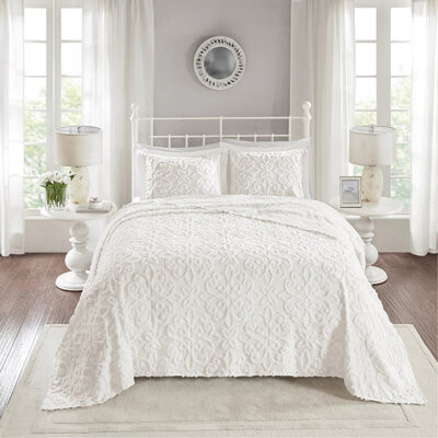 Mr Hua 3 Piece Tufted Cotton Chenille Bedspread Set Off-White King/Cal King