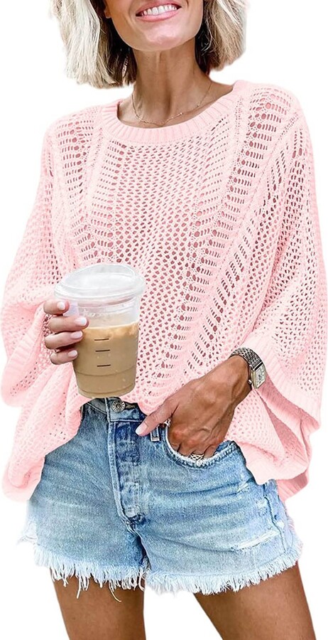 HUUSA Women's Summer Casual Loose Knitted Tunics Sweater Beach Crochet  Cover Up Crewneck Batwing Sleeve Hollow Out Oversized Sweater Jumper Tops  Pink L - ShopStyle