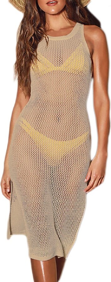 Bsubseach Sexy See Through Swimsuit Cover Ups for Women Hollow Out Crochet  Long Side Split Beach Wear Dress Apricot - ShopStyle