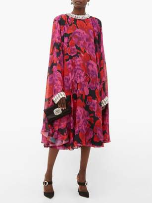 Richard Quinn Crystal Embellished Floral Print Cape Dress - Womens - Pink Multi