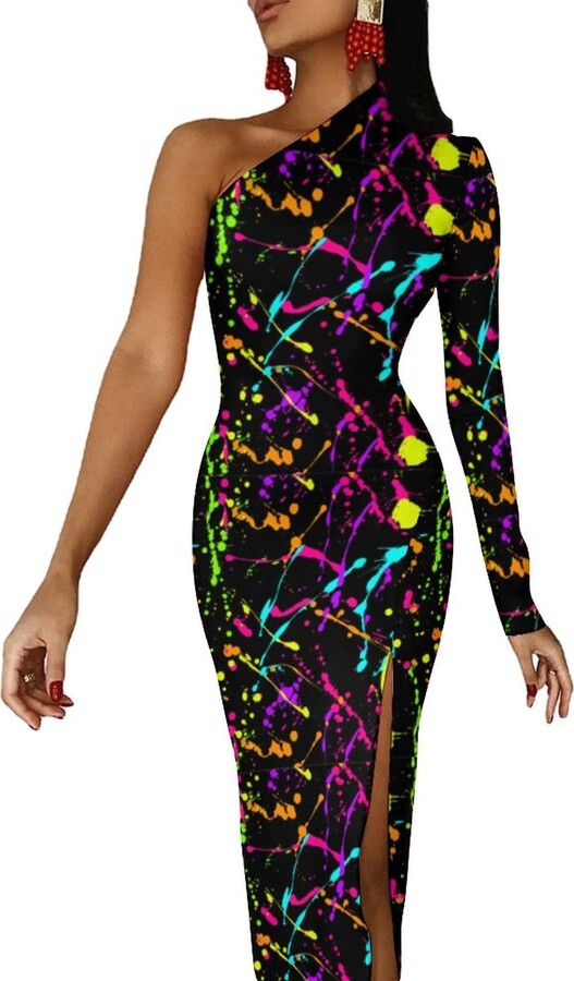 FGDDKCV Rainbow of Neon Paint Splatters Women Slim Dress Summer Sexy
