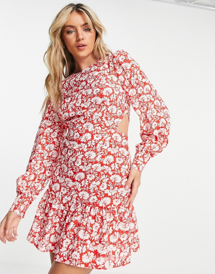 Topshop cut out side tea mini dress in red daisy print - ShopStyle