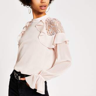 River Island Womens Light Pink long sleeve lace frill top