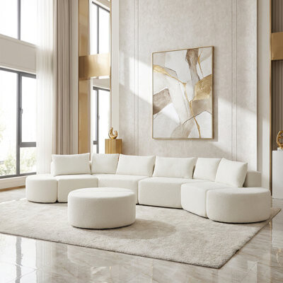 Ivy Bronx Modular Sofa Set In Chenille Fabric Featuring Six Decorative Pillows And Four Curved Footstools