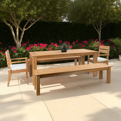 Linon Carenen 6 - Person Rectangular Teak Outdoor Dining Set with Cushions