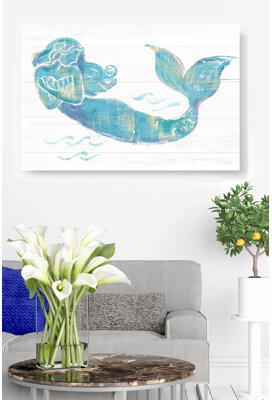 Rosecliff Heights Mermaid On Light Plank, Blue, Teal, Cyan, Coastal
