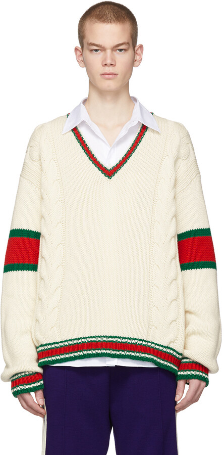 Gucci Off-White Cable Knit V-Neck Sweater - ShopStyle