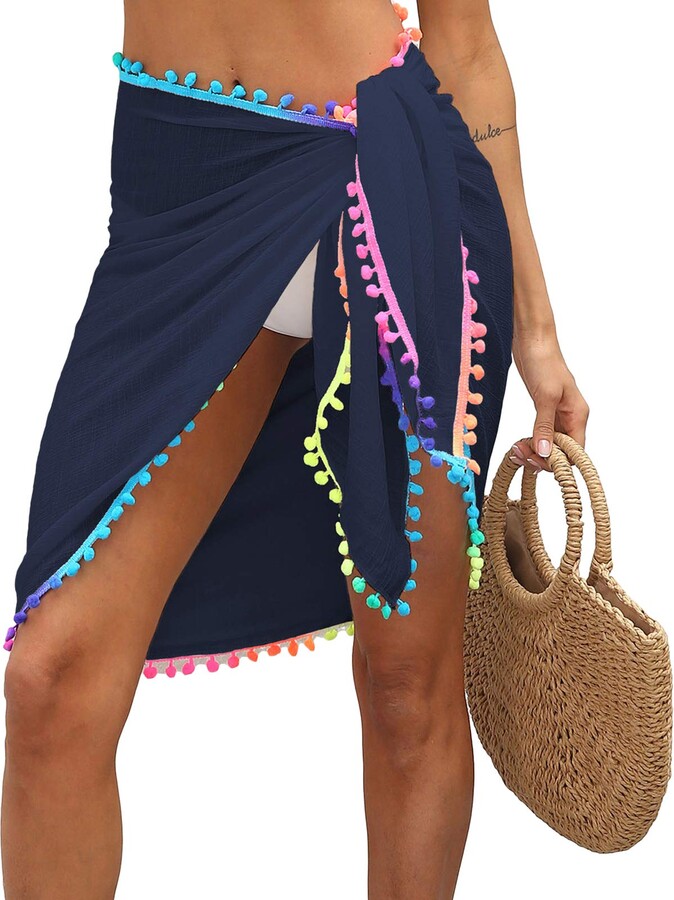 Loalirando Womens Swim Wear Bikini Cover Up Sheer Beach Mini Wrap Skirt  with Colorful Pompom Tassel Shorts Sarong Pareo for Summer Holiday (Navy  Blue - ShopStyle