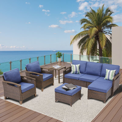 6-Piece Premium Outdoor Furniture Set, Spacious Rattan Sofa, 2 Patio Chairs, 2 Versatile Ottomans & A Stylish Side Table, All-Weather PE Wicker Collec