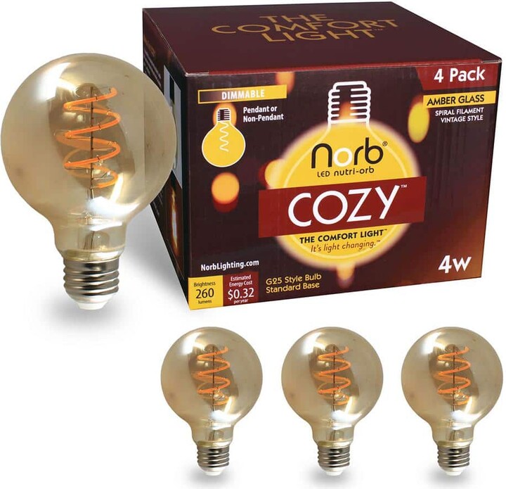 Elecwish NorbCOZY 4W Equivalent G25 Warm White (Less Than 2700K) Dimmable Warm Amber Spiral Edison LED Light Bulb (4-Pack)