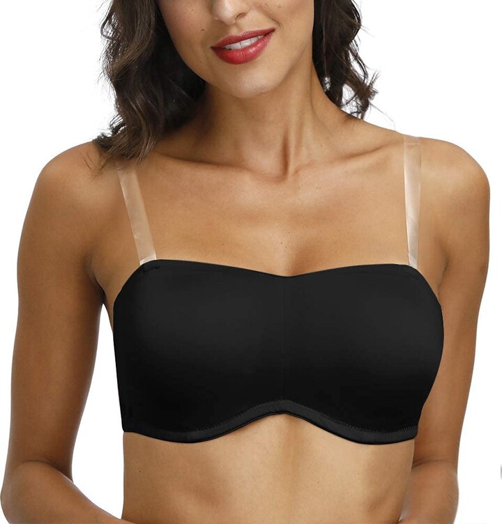 psbra Strapless Bandeau Bras Clear Strap Convertible Multiway Underwire Plus Size Bra for Large Bust Black 38F - ShopStyle