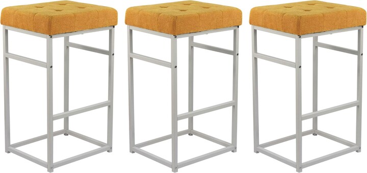 Gia 30-Inch Bar Height Square Backless Metal Stool with Yellow Chenille Cushion