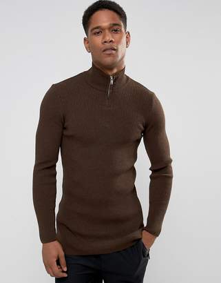ASOS Longline Half Zip Ribbed Sweater In Brown