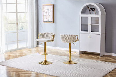 George Oliver Set of 2 Modern Luxury Velvet Braided Bar Stool with Adjustable Height Gold Metal Base & Woven Rope Backrest Upholstered Swivel Bar Chair for Kitche