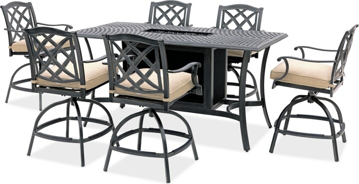 Agio Wythburn 7-pc. Outdoor Bar Height Fire Pit Chat Set, Created for Macys - Straw Natural/Pewter