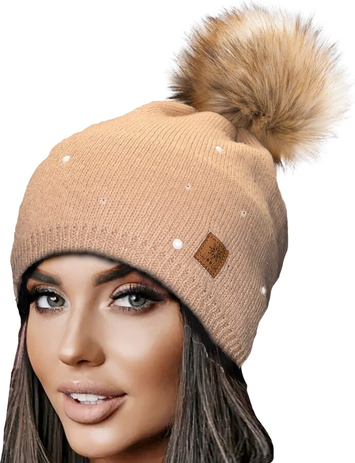 4sold Womens Ladies Winter Hat Wool Knitted Beanie with Large Pom Pom Cap  SKI Snowboard Hats Bobble Gold Circle Stars Crystals (Beige) - ShopStyle