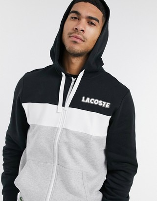 Lacoste color block zip through hoodie in black - ShopStyle